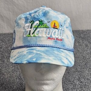 Vintage 80s Hawaii Aloha State Snapback Rope Hat Blue Tie Dye Nylon Snapback Cap
